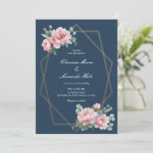 Navy Blush Peony Gold Frame Wedding  招待状 (スタンド正面)