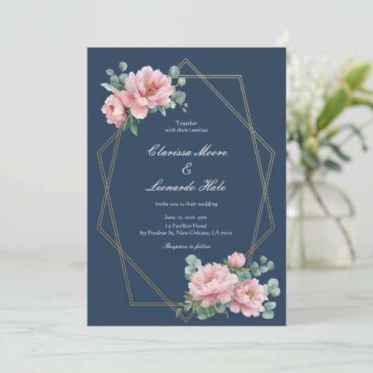 Navy Blush Peony Gold Frame Wedding  招待状 (スタンド正面)