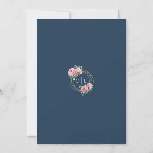 Navy Blush Peony Gold Frame Wedding  招待状 (裏面)