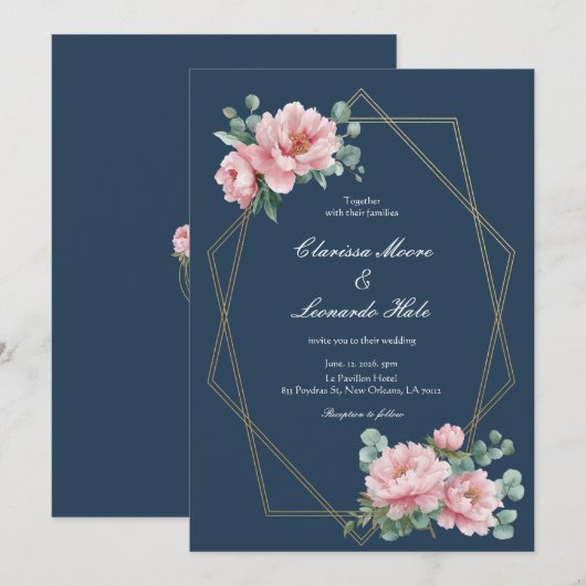 Navy Blush Peony Gold Frame Wedding  招待状 (正面/裏面)