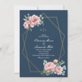 Navy Blush Peony Gold Frame Wedding  招待状 (正面)