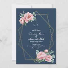 Navy Blush Peony Gold Frame Wedding  招待状