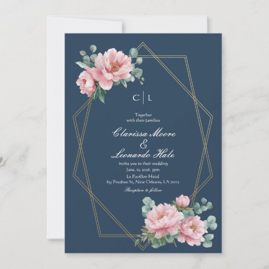Navy Blush Peony Gold Frame Wedding  招待状 (正面)