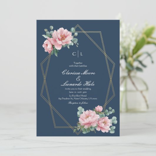 Navy Blush Peony Gold Frame Wedding  招待状 (スタンド正面)