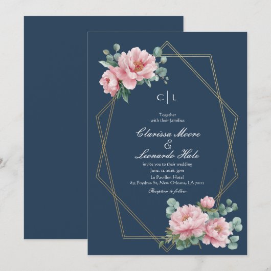 Navy Blush Peony Gold Frame Wedding  招待状 (正面/裏面)