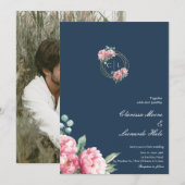 Navy Blush Peony Photo Wedding  招待状 (正面/裏面)
