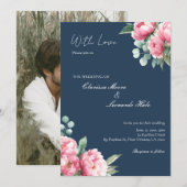 Navy Blush Peony Photo Wedding 招待状 (正面/裏面)