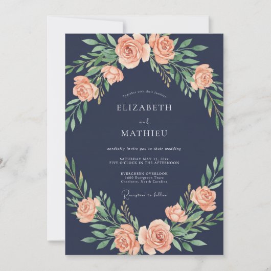 Navy Blush Rose Garland Wedding 招待状 (正面)
