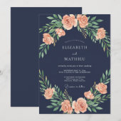 Navy Blush Rose Garland Wedding 招待状 (正面/裏面)