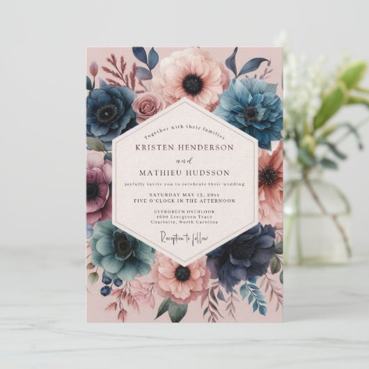 Navy Blush Vivid Flora Wedding 招待状 (スタンド正面)