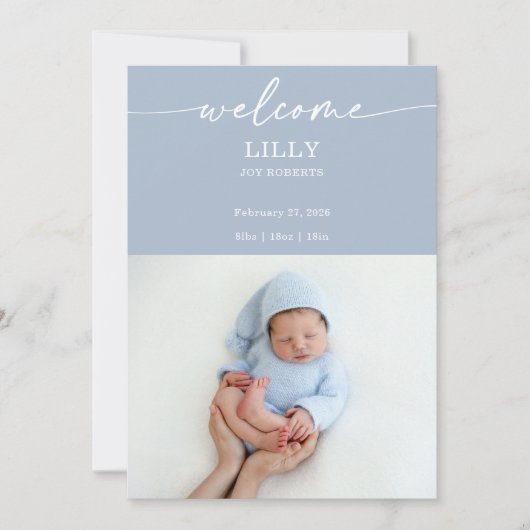 Navy Boho Welcome Baby Photo Announcement Card 招待状 (正面)
