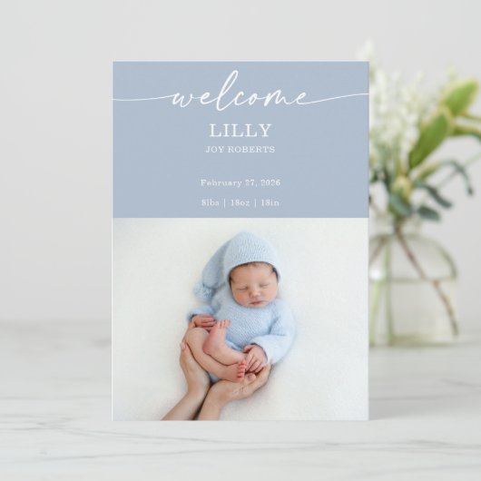 Navy Boho Welcome Baby Photo Announcement Card 招待状 (スタンド正面)