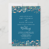 Navy Boho Wildflower Front & Back Wedding  招待状 (正面)