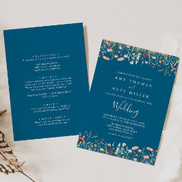 Navy Boho Wildflower Front & Back Wedding  招待状