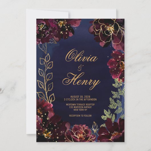 Navy Bordeaux Wedding 招待状 (正面)