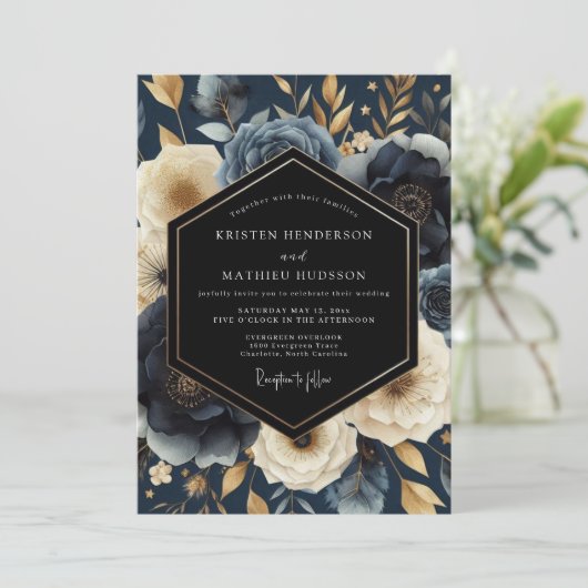 Navy Botanical Opulent Wedding 招待状 (スタンド正面)