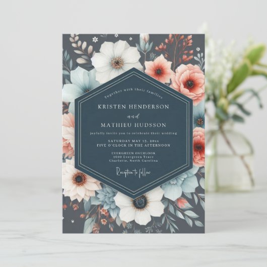 Navy Botanical Romance Wedding 招待状 (スタンド正面)