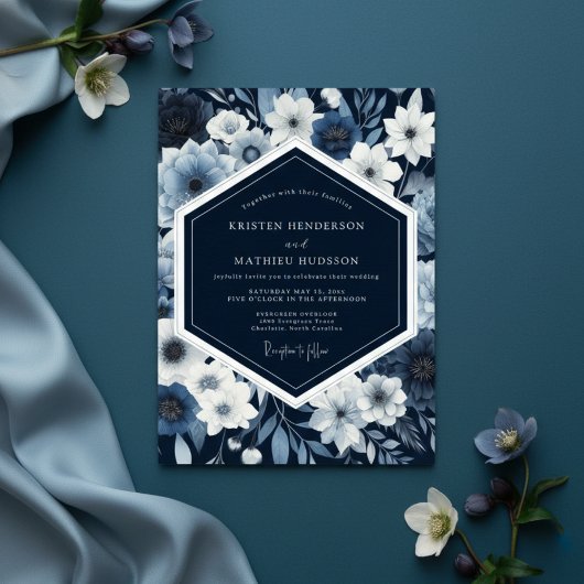Navy Botanical Whimsy Wedding 招待状