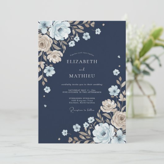 Navy Botanical Whimsy Wedding 招待状 (スタンド正面)