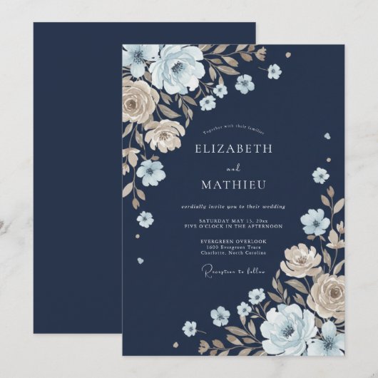 Navy Botanical Whimsy Wedding 招待状 (正面/裏面)