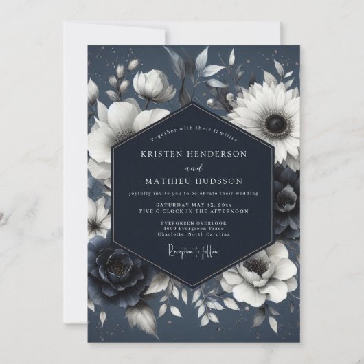 Navy Botanical Whimsy Wedding 招待状 (正面)