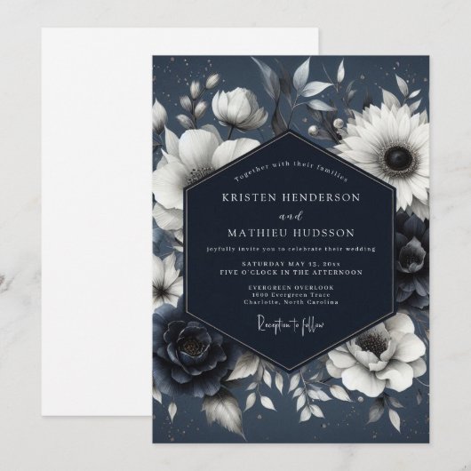 Navy Botanical Whimsy Wedding 招待状 (正面/裏面)