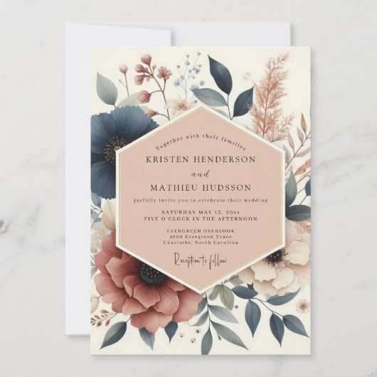 Navy Botanical Woodland Wedding 招待状 (正面)