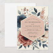 Navy Botanical Woodland Wedding 招待状 (正面/裏面)