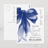 Navy Bow Coquette Sweet 16 Save the Date  ポストカード (正面/裏面)