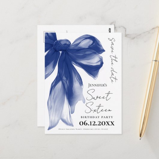 Navy Bow Coquette Sweet 16 Save the Date  ポストカード (正面/裏面インサイチュ)