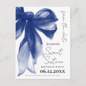 Navy Bow Coquette Sweet 16 Save the Date  ポストカード (正面)