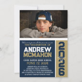 Navy & Bronze卒業写真モダン発表 招待状 (正面)