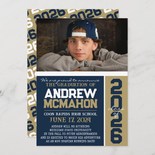 Navy & Bronze卒業写真モダン発表 招待状 (正面/裏面)