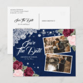 Navy Burgundy Blush Floral Burlap Lace Photo 案内ポストカード (正面/裏面)