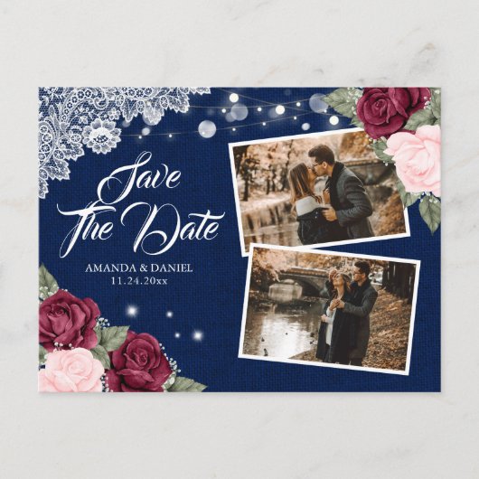 Navy Burgundy Blush Floral Burlap Lace Photo 案内ポストカード (正面)