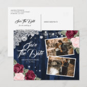Navy Burgundy Blush Floral Wood Lace Wedding Photo 案内ポストカード (正面/裏面)