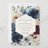 Navy & Burgundy Classic Floral Wedding 招待状 (正面)
