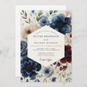 Navy & Burgundy Classic Floral Wedding 招待状 (正面/裏面)