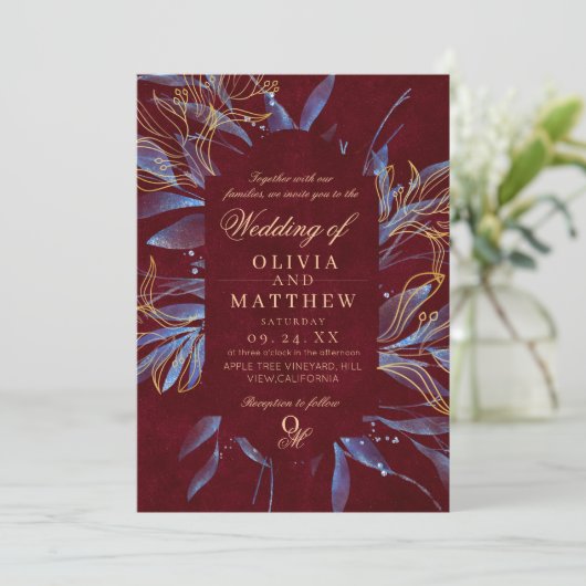 Navy & Burgundy Classic Monogram Wedding 招待状 (スタンド正面)