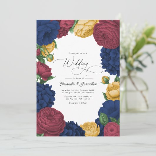 Navy, Burgundy & Gold Floral Wedding 招待状 (スタンド正面)