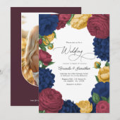 Navy, Burgundy & Gold Floral Wedding 招待状 (正面/裏面)