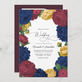 Navy, Burgundy & Gold Floral Wedding 招待状