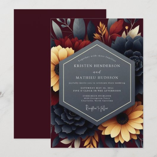 Navy Burgundy Moody Autumnal Wedding 招待状 (正面/裏面)