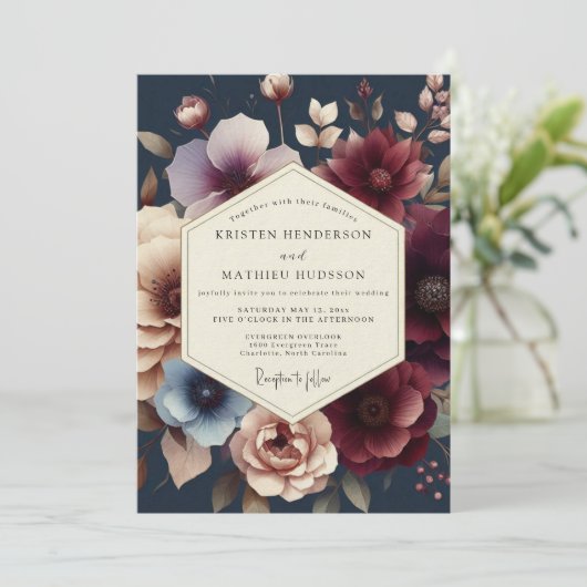 Navy Burgundy Moody Bloom Wedding 招待状 (スタンド正面)