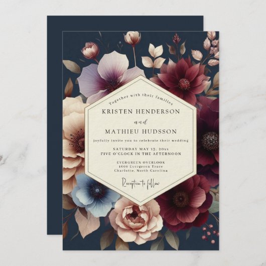 Navy Burgundy Moody Bloom Wedding 招待状 (正面/裏面)