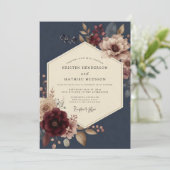 Navy Burgundy Opulent Bloom Wedding 招待状 (スタンド正面)