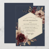 Navy Burgundy Opulent Bloom Wedding 招待状 (正面/裏面)