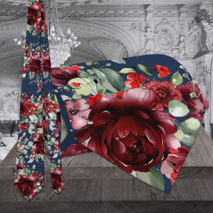 Navy Burgundy Peony Silver Sage Greenery Wedding ネクタイ