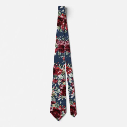 Navy Burgundy Peony Silver Sage Greenery Wedding ネクタイ (正面)