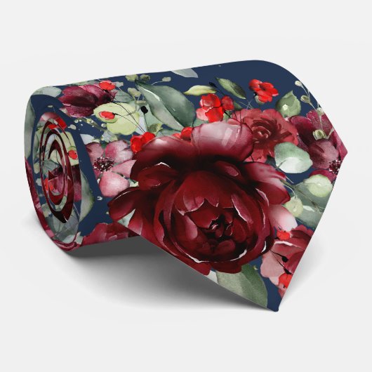 Navy Burgundy Peony Silver Sage Greenery Wedding ネクタイ (ロール)